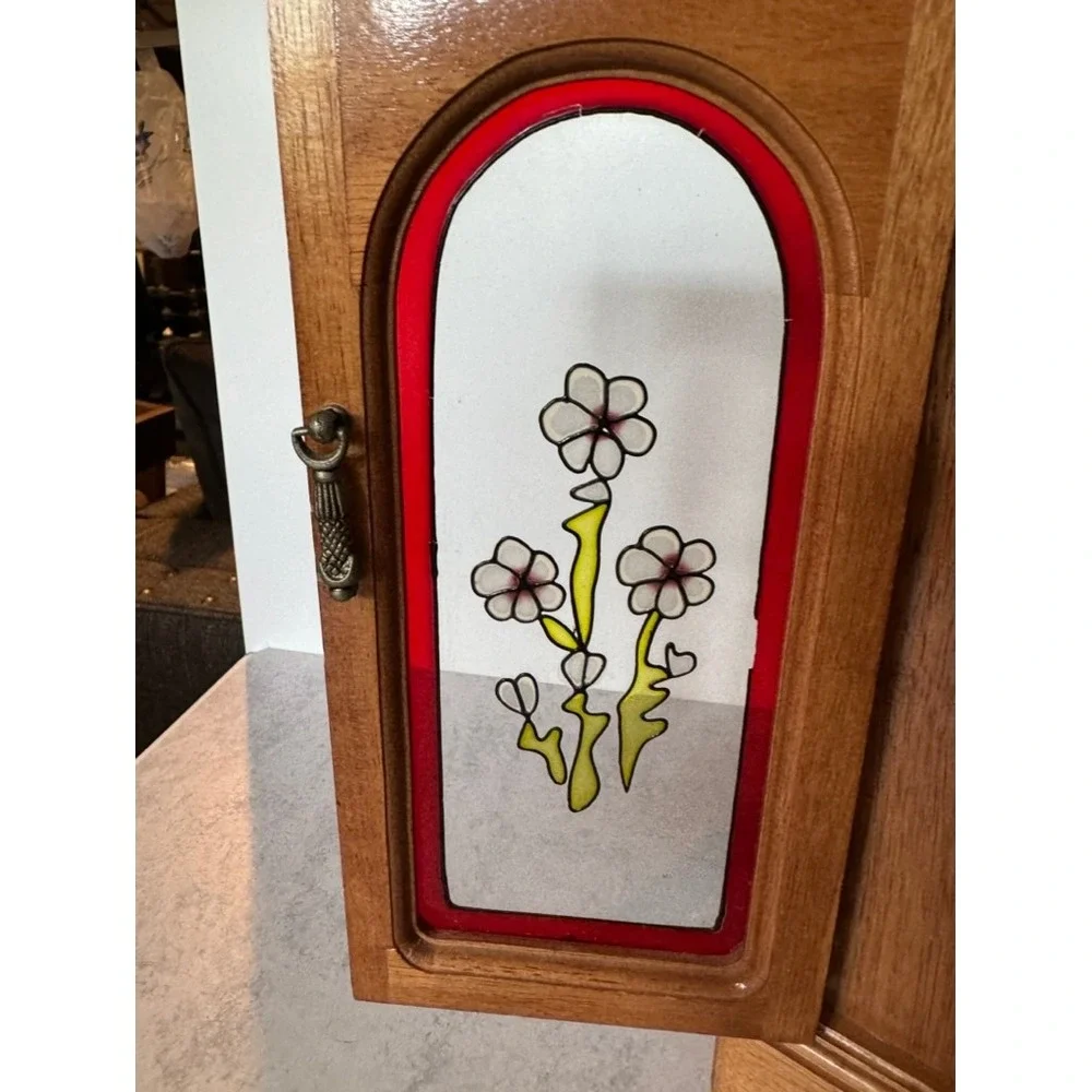 Vintage Wooden Jewelry Box Glass Door Floral Inlay Armoire‎ Style
